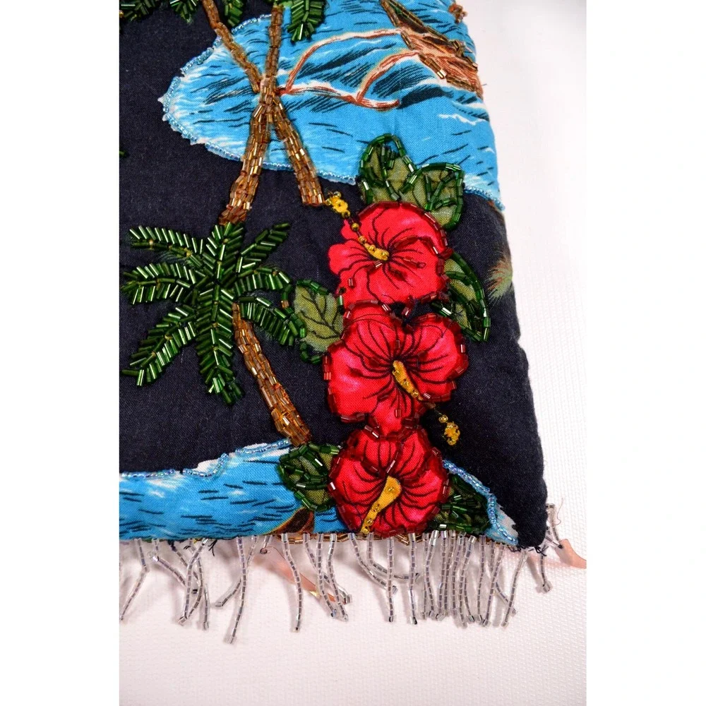 Hawaiian Purse Double Bamboo Handles Hibiscus‎ Floral Catamaran Beaded Fringe